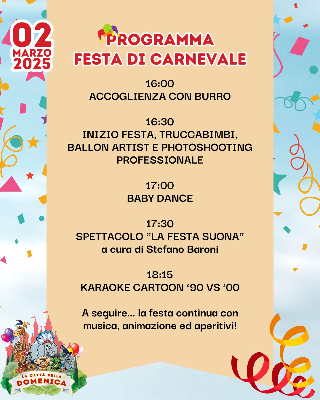 programma festa di carnevale alla città della domenica